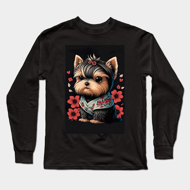 Super Cute Yorkshire Terrier Puppy Portrait - Japanese style Long Sleeve T-Shirt by KoolArtDistrict